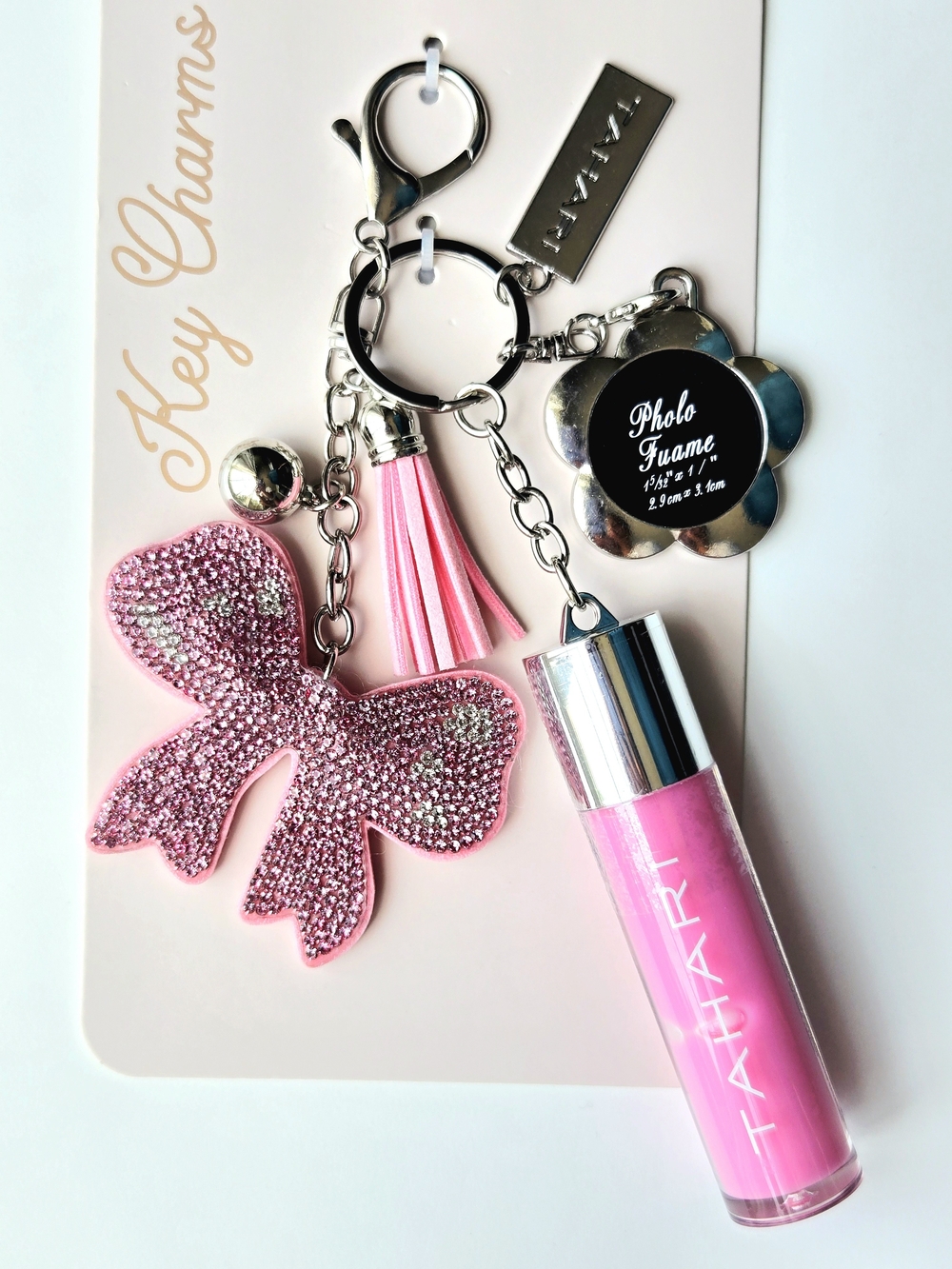 Tahari Pink Rhinestone Bow Keychain Lip Gloss & Photo Frame Bag Charm, Tassel - Picture 6 of 7